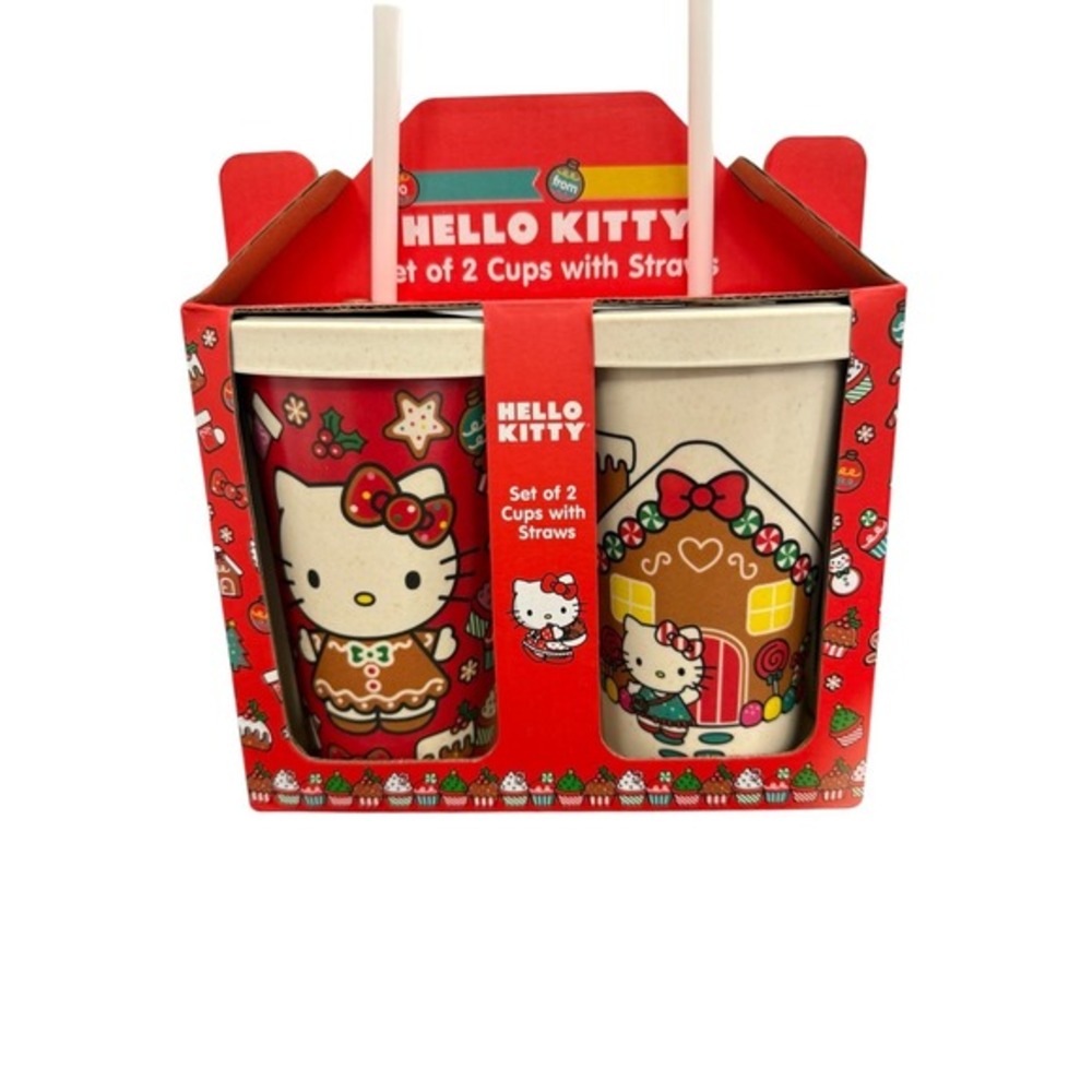 Hello Kitty Christmas Tumblers Set of 2 Gingerbread House, Holly, cookies.